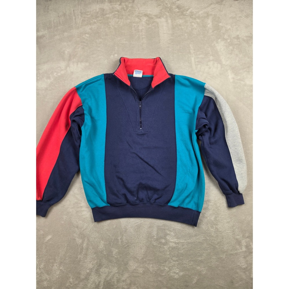 Vintage Cheetah Quarter Zip Sweatshirt Mens Medium Blue Colorblock 90s Mervyns
